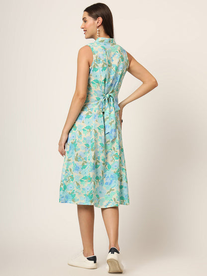 Green Floral Print A-Line Midi Dress