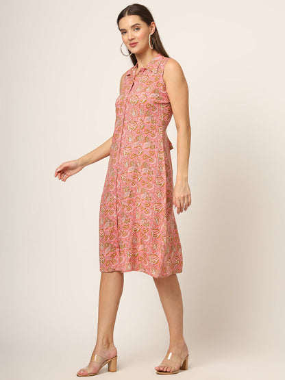 Pink Floral Print A-Line Midi Dress