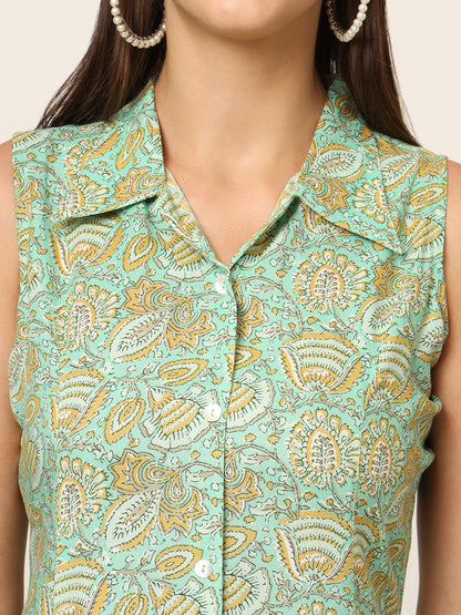 Green Floral Print A-Line Midi Dress