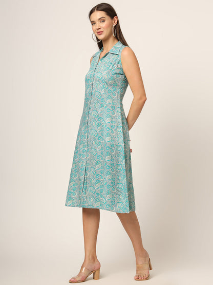 Sky Blue Floral Print A-Line Midi Dress