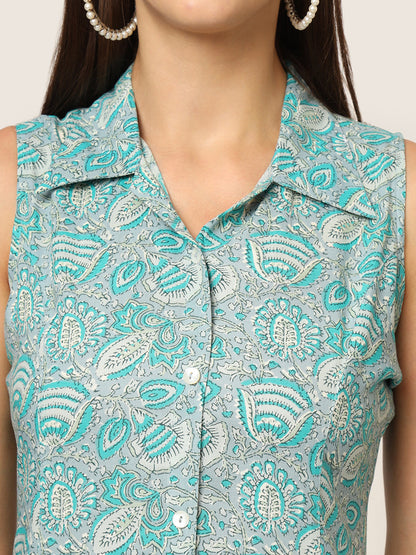 Sky Blue Floral Print A-Line Midi Dress