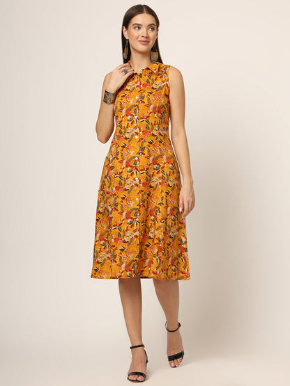 Yellow Floral Print A-Line Midi Dress