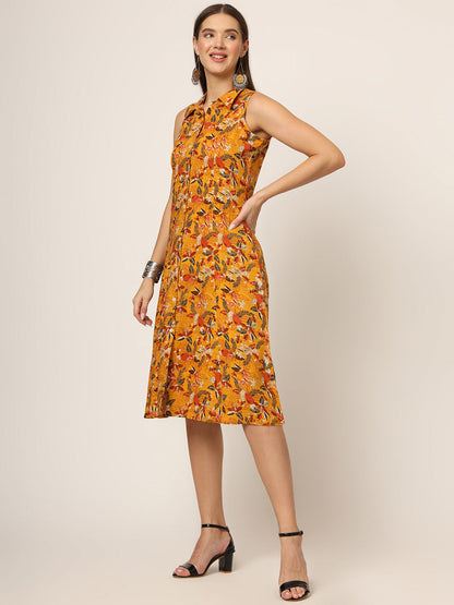 Yellow Floral Print A-Line Midi Dress