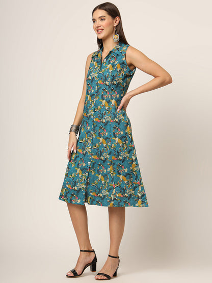 Blue Floral Print A-Line Midi Dress