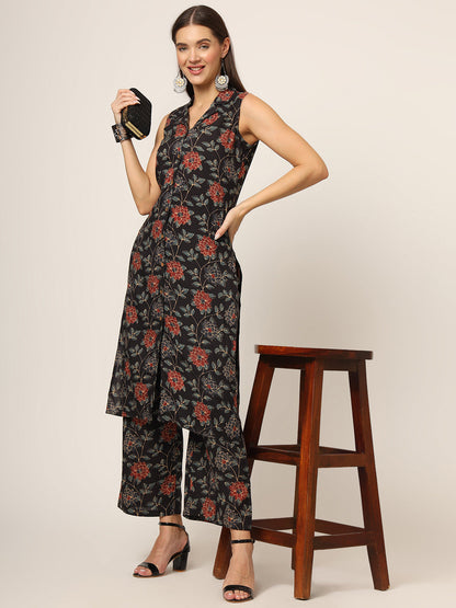 Black Printed Rayon Fabric Straight Kurta