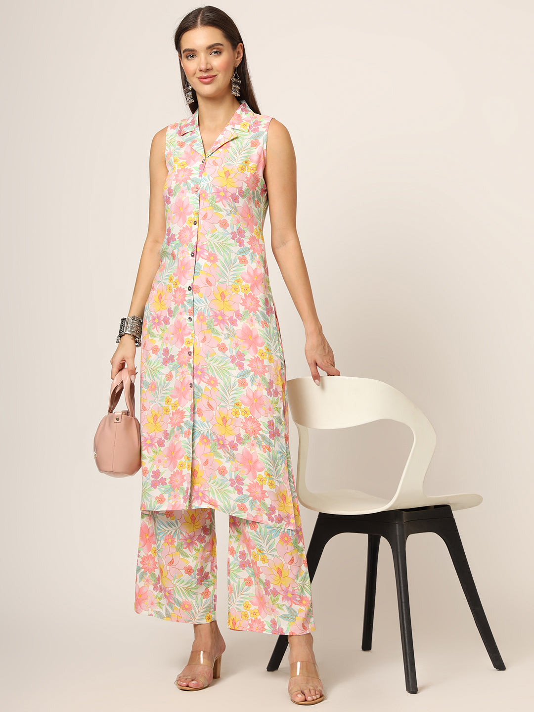 Pink Printed Rayon Fabric Straight Kurta
