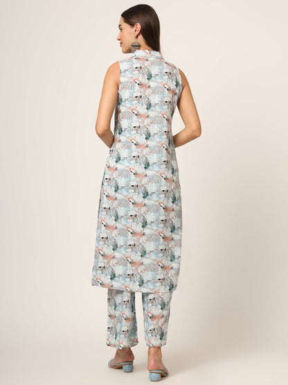 Sky Blue Printed Rayon Fabric Straight Kurta