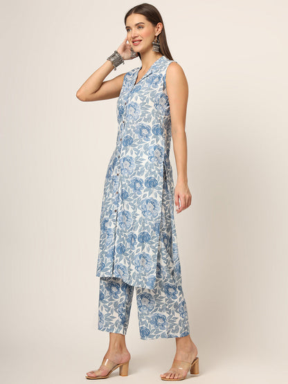 Blue Printed Rayon Fabric Straight Kurta Set