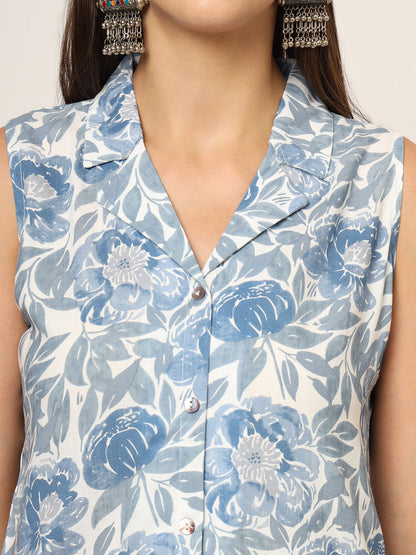 Blue Printed Rayon Fabric Straight Kurta Set