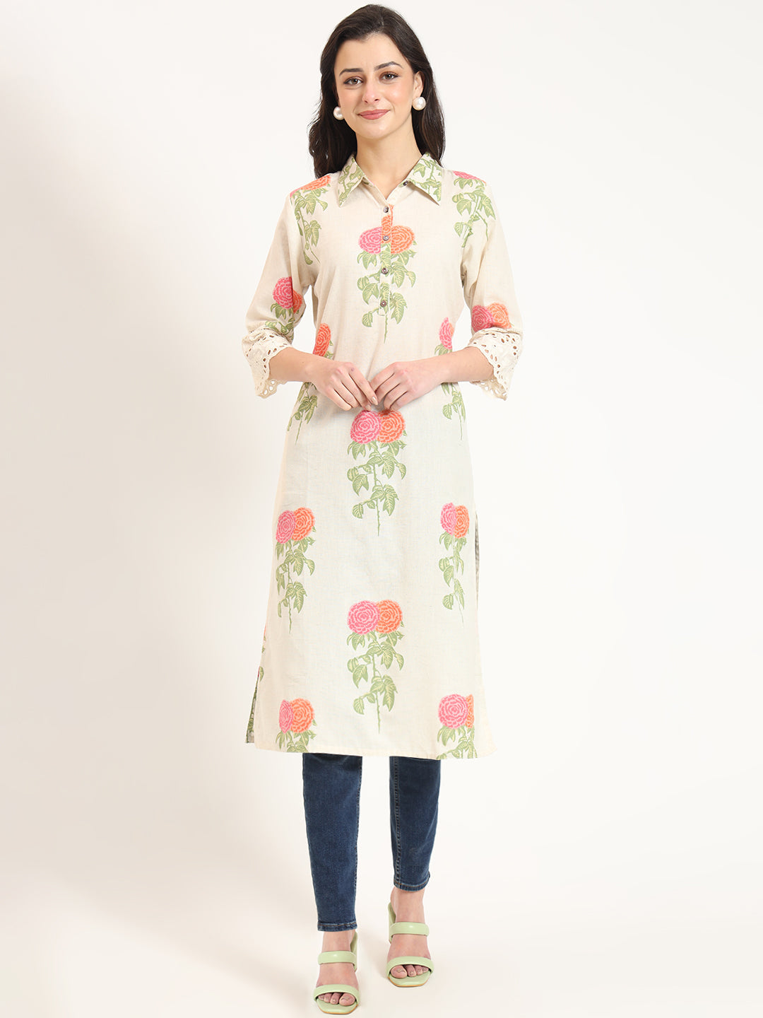 BeFashionate Cream Pink Floral Print Cotton Fabric Kurta