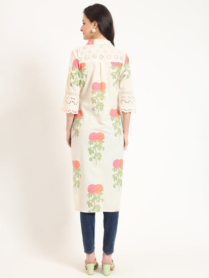 BeFashionate Cream Pink Floral Print Cotton Fabric Kurta