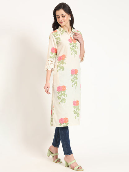BeFashionate Cream Pink Floral Print Cotton Fabric Kurta