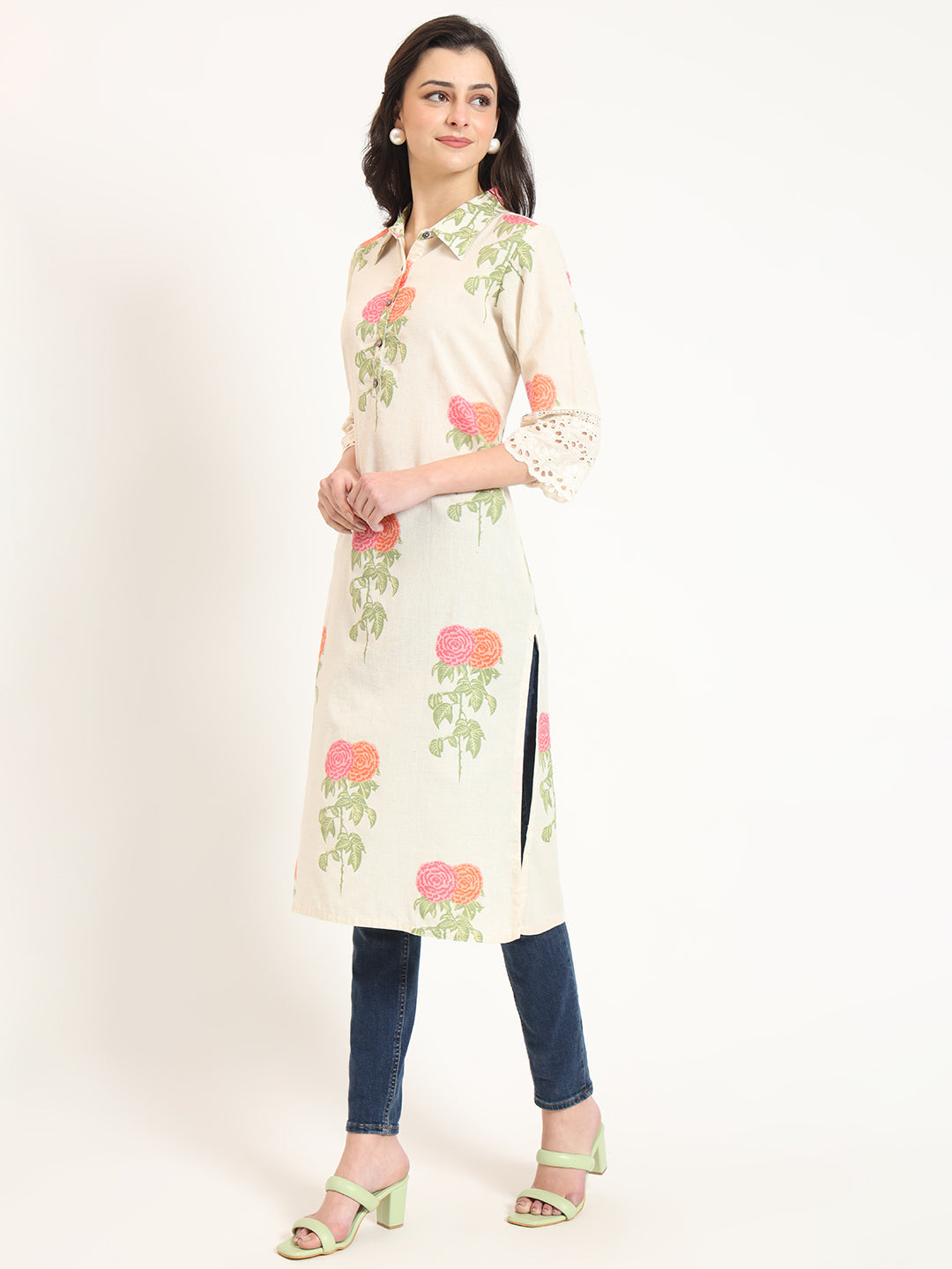 BeFashionate Cream Pink Floral Print Cotton Fabric Kurta