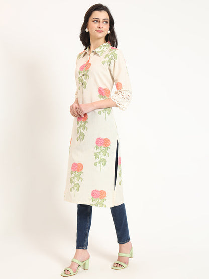 BeFashionate Cream Pink Floral Print Cotton Fabric Kurta