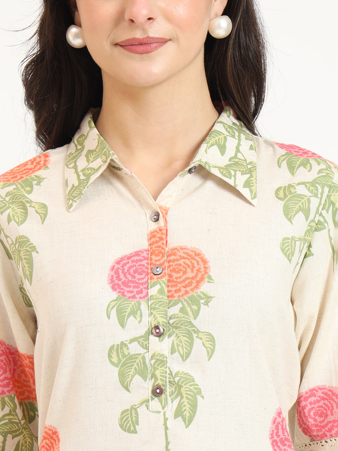BeFashionate Cream Pink Floral Print Cotton Fabric Kurta