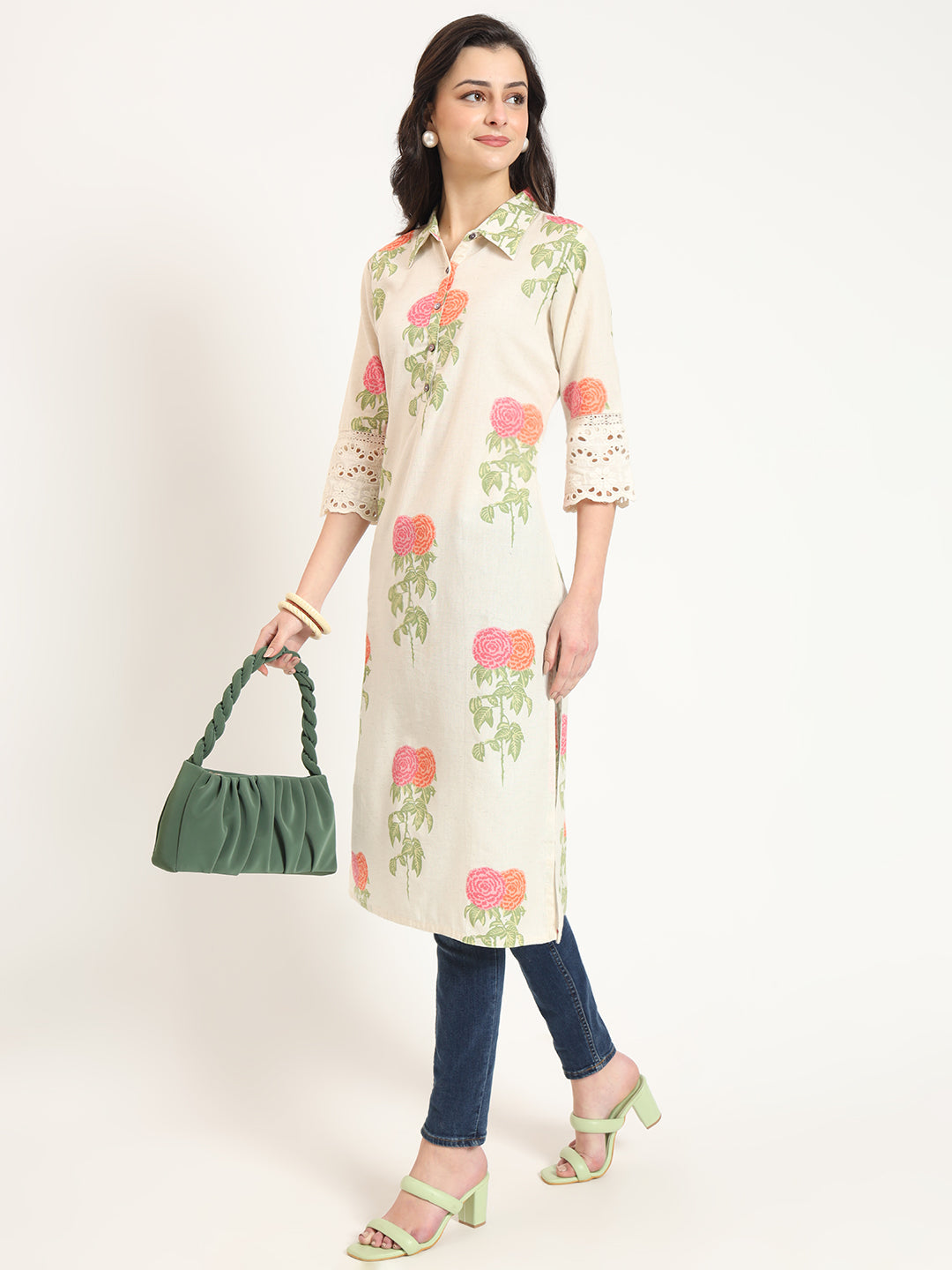 BeFashionate Cream Pink Floral Print Cotton Fabric Kurta