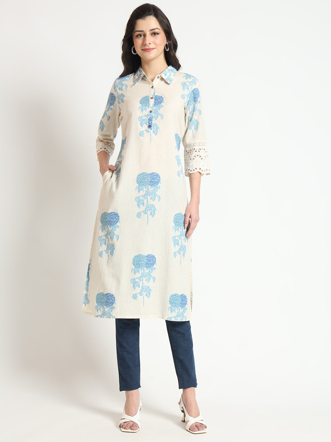 BeFashionate Cream Blue Floral Print Cotton Fabric A-Line Kurta