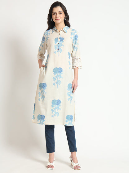 BeFashionate Cream Blue Floral Print Cotton Fabric A-Line Kurta