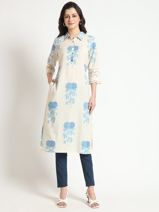 BeFashionate Cream Blue Floral Print Cotton Fabric A-Line Kurta