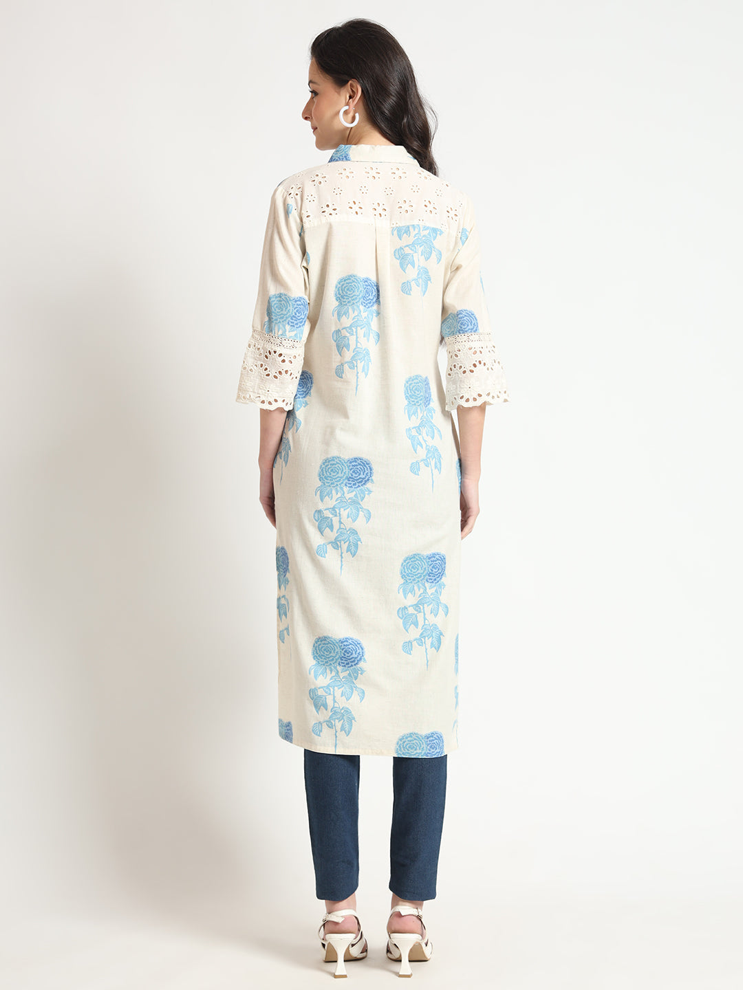 BeFashionate Cream Blue Floral Print Cotton Fabric A-Line Kurta