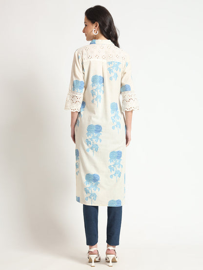 BeFashionate Cream Blue Floral Print Cotton Fabric A-Line Kurta