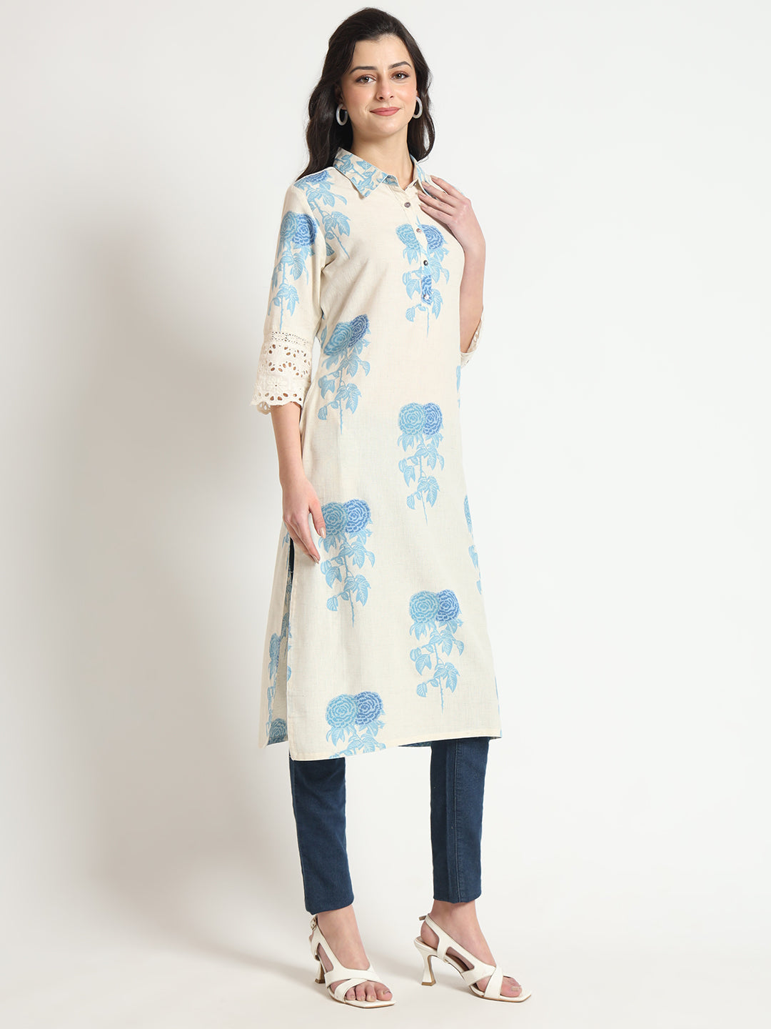 BeFashionate Cream Blue Floral Print Cotton Fabric A-Line Kurta
