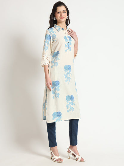 BeFashionate Cream Blue Floral Print Cotton Fabric A-Line Kurta