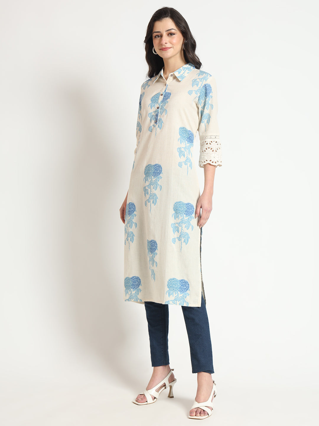BeFashionate Cream Blue Floral Print Cotton Fabric A-Line Kurta