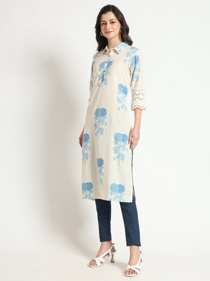 BeFashionate Cream Blue Floral Print Cotton Fabric A-Line Kurta