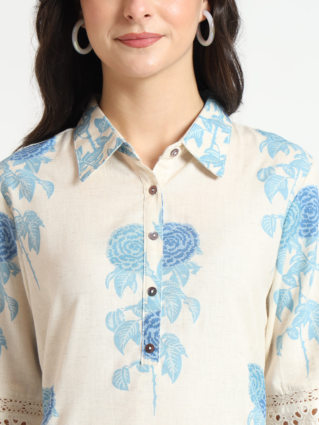 BeFashionate Cream Blue Floral Print Cotton Fabric A-Line Kurta