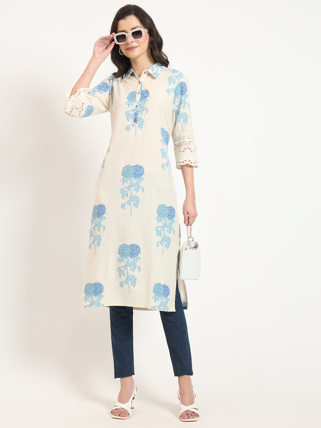 BeFashionate Cream Blue Floral Print Cotton Fabric A-Line Kurta