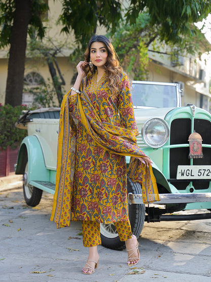 Yellow Floral Print Cotton Fabric A-Line Kurta Pant With Dupatta