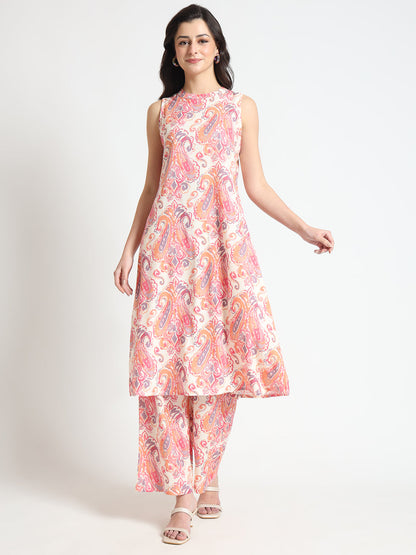 Cream Floral Print Rayon Fabric Co-ord set