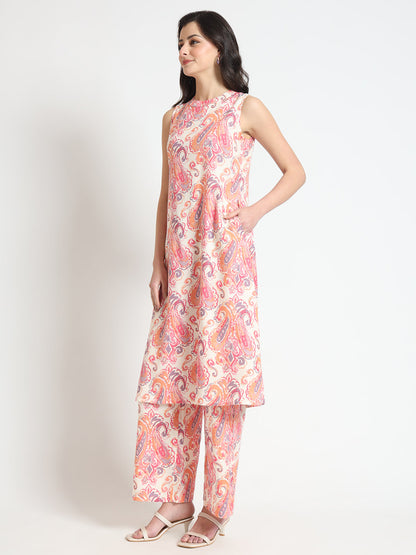 Cream Floral Print Rayon Fabric Co-ord set
