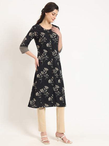 Black Floral Print Cotton Fabric A-line Kurta