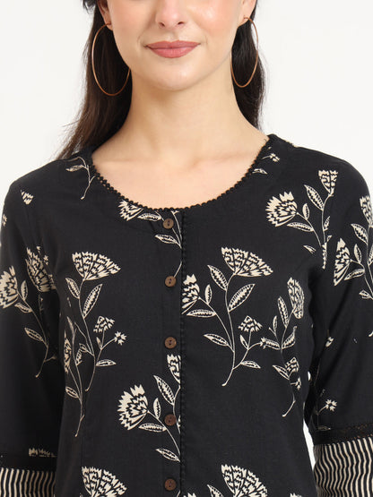 Black Floral Print Cotton Fabric A-line Kurta