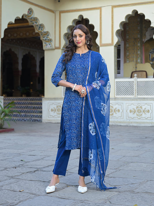 Blue Floral Printed Straight Kurta Pant Set