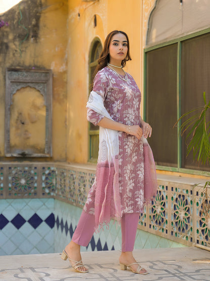 Peach Floral Print Cotton Straight Kurta Pant with Dupatta