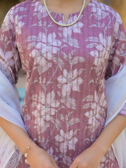 Peach Floral Print Cotton Straight Kurta Pant with Dupatta