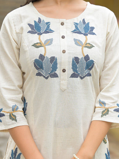 Off White Blue Embroidary Kurta Pant Set