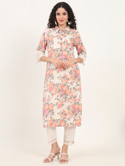 BeFashionate Pink Floral Printed Cotton Kurta