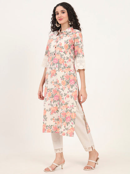 BeFashionate Pink Floral Printed Cotton Kurta
