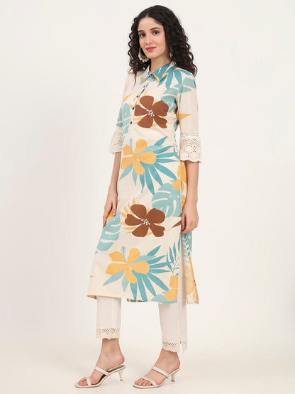 Befashionate Teal Floral Printed Cotton Kurta