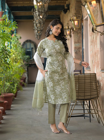 Olive Green Cotton Kurta Pant with Dupatta