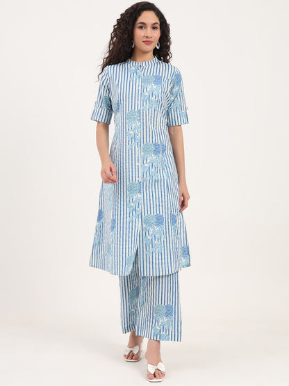Blue Floral Printed Cotton Kurta Set