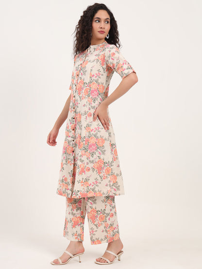 Cream Floral Printed Cotton Kurta Sets