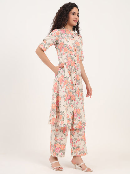 Cream Floral Printed Cotton Kurta Sets
