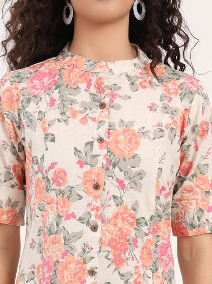 Cream Floral Printed Cotton Kurta Sets