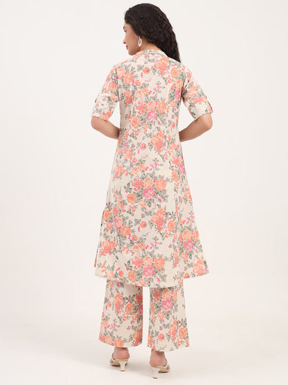 Cream Floral Printed Cotton Kurta Sets