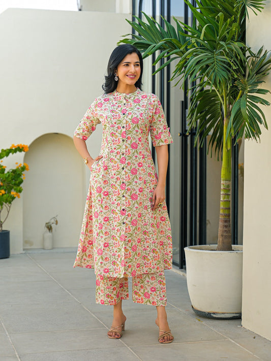 Off White Floral A-Line Cotton Kurta Pant Sets